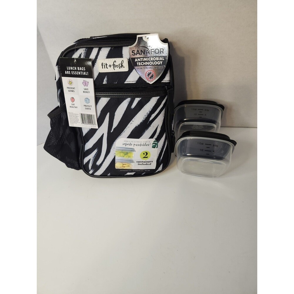 Fit & Fresh Zebra Print Lunchbag Insulated Zip Lunch Tote with 2 Containers